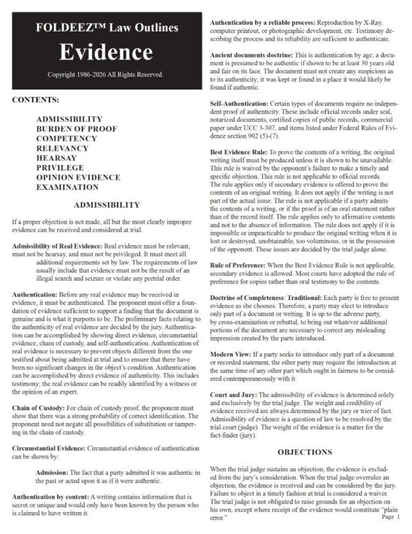 A Special Offer: EVIDENCE FOLDEEZ LAW OUTLINE AT 1/2 PRICE