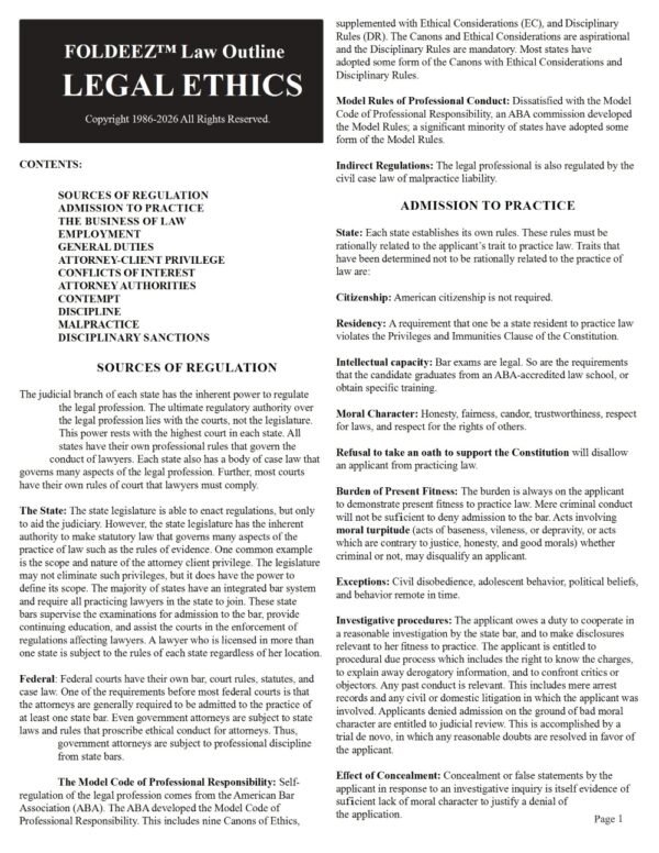 A Special Offer: PROFESSIONAL RESPONSIBILITY FOLDEEZ LAW OUTLINE AT 1/2 PRICE